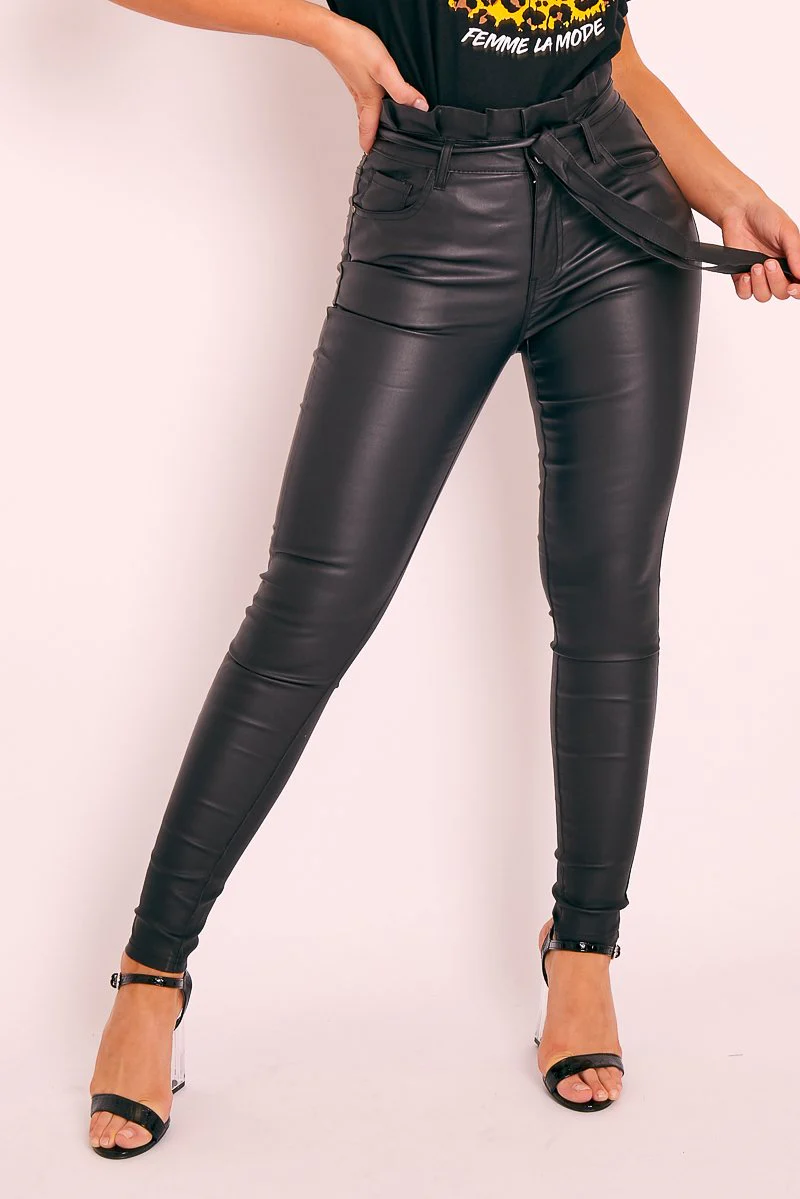 Black Faux Leather Belted Jeans - Braylea - Image 4