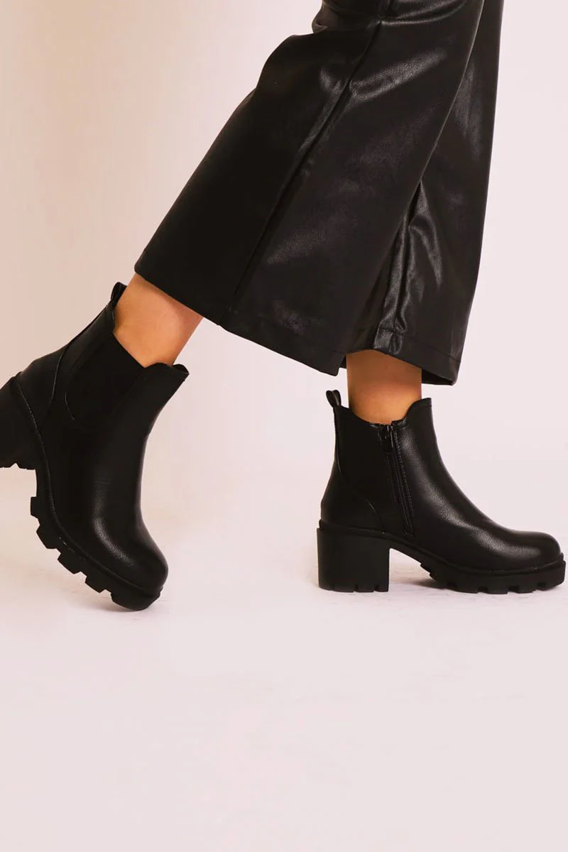 Black Faux Leather Chunky Heeled Chelsea Boots - May - Image 3