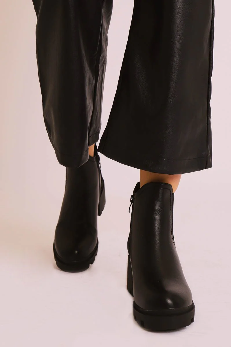 Black Faux Leather Chunky Heeled Chelsea Boots - May - Image 6