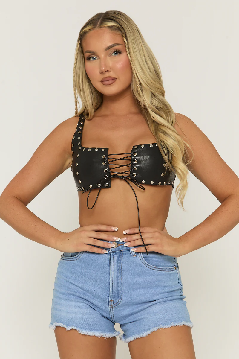 Black Faux Leather Stud Detail Bralette - Fiorella - Image 3