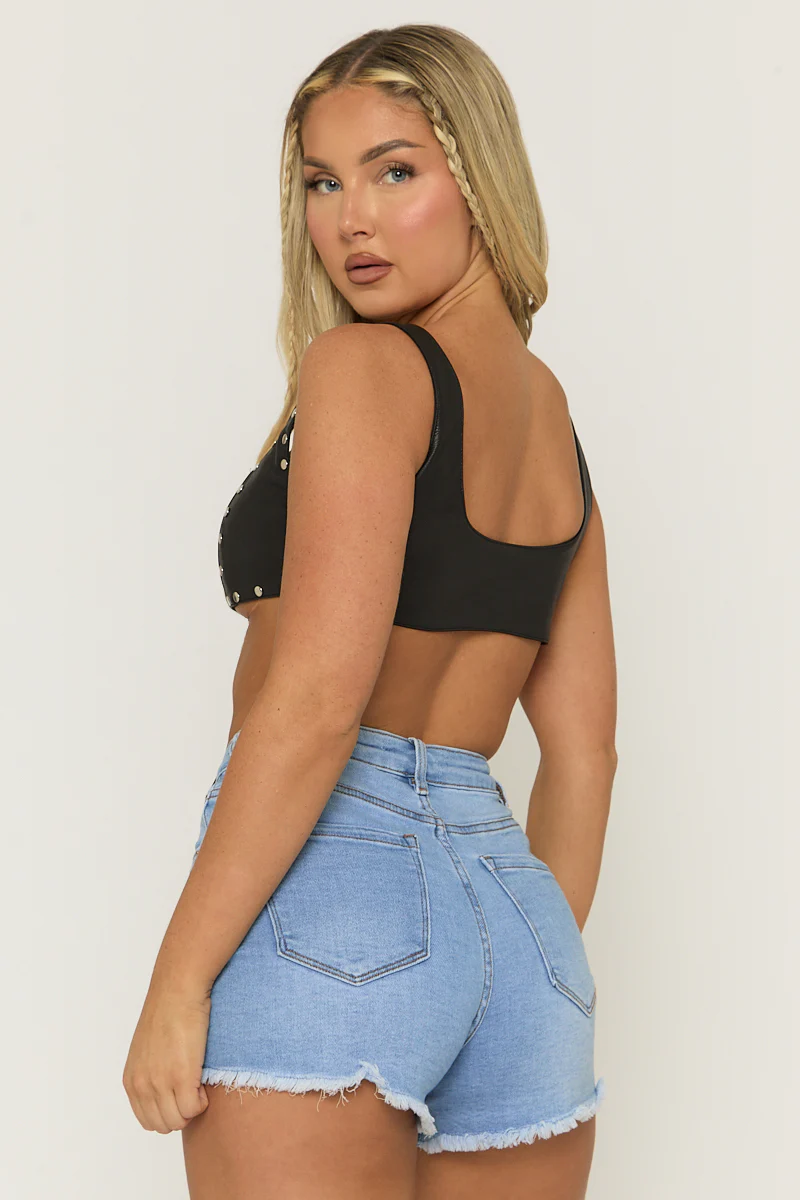 Black Faux Leather Stud Detail Bralette - Fiorella - Image 6
