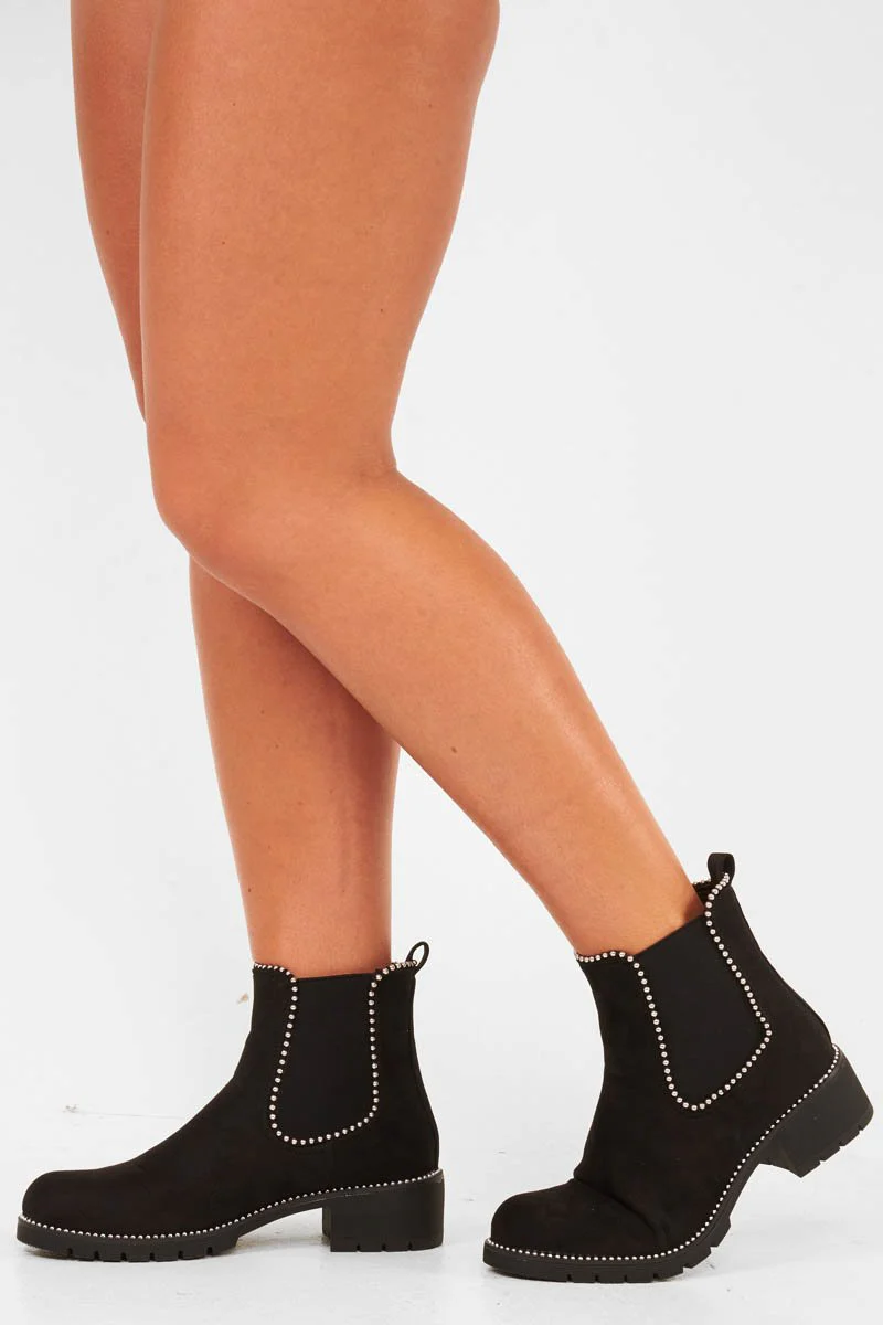 Black Faux Suede Stud Trim Chelsea Boots - Spencer - Image 3