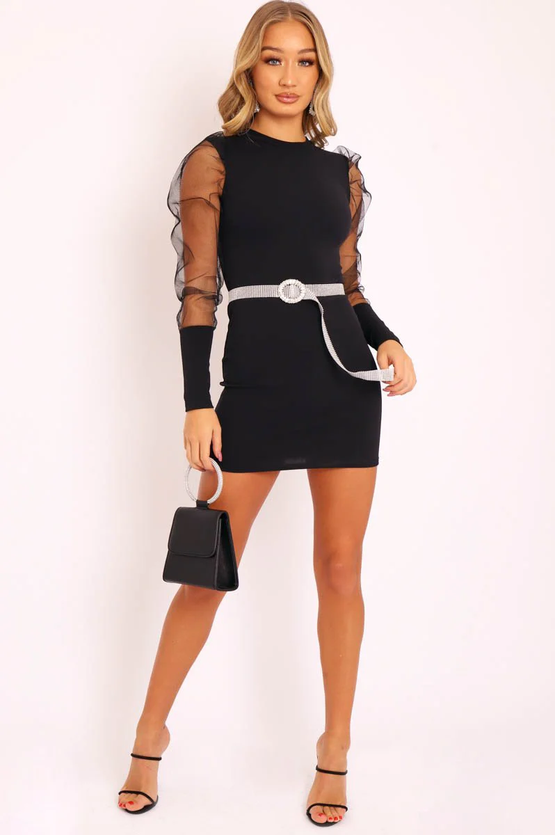Black Fishnet Puff Sleeve Mini Bodycon Dress - Franca - Image 3