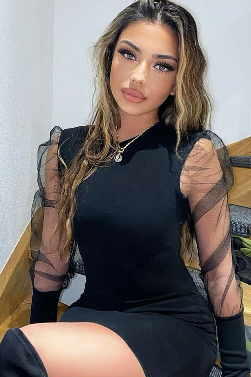 Black Fishnet Puff Sleeve Mini Bodycon Dress - Franca - Image 9