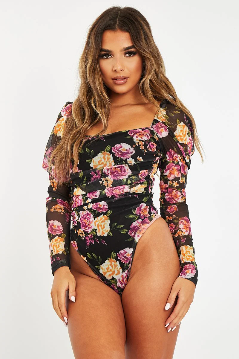 Black Floral Puff Sleeve Bodysuit - Deana - Image 4