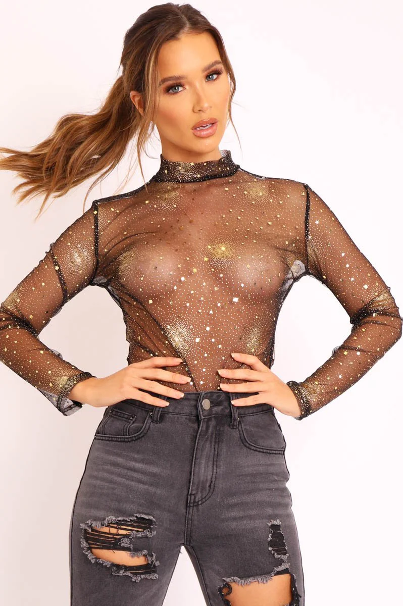 Black Gold Glitter Mesh Long Sleeve Bodysuit - Kharlie - Image 3