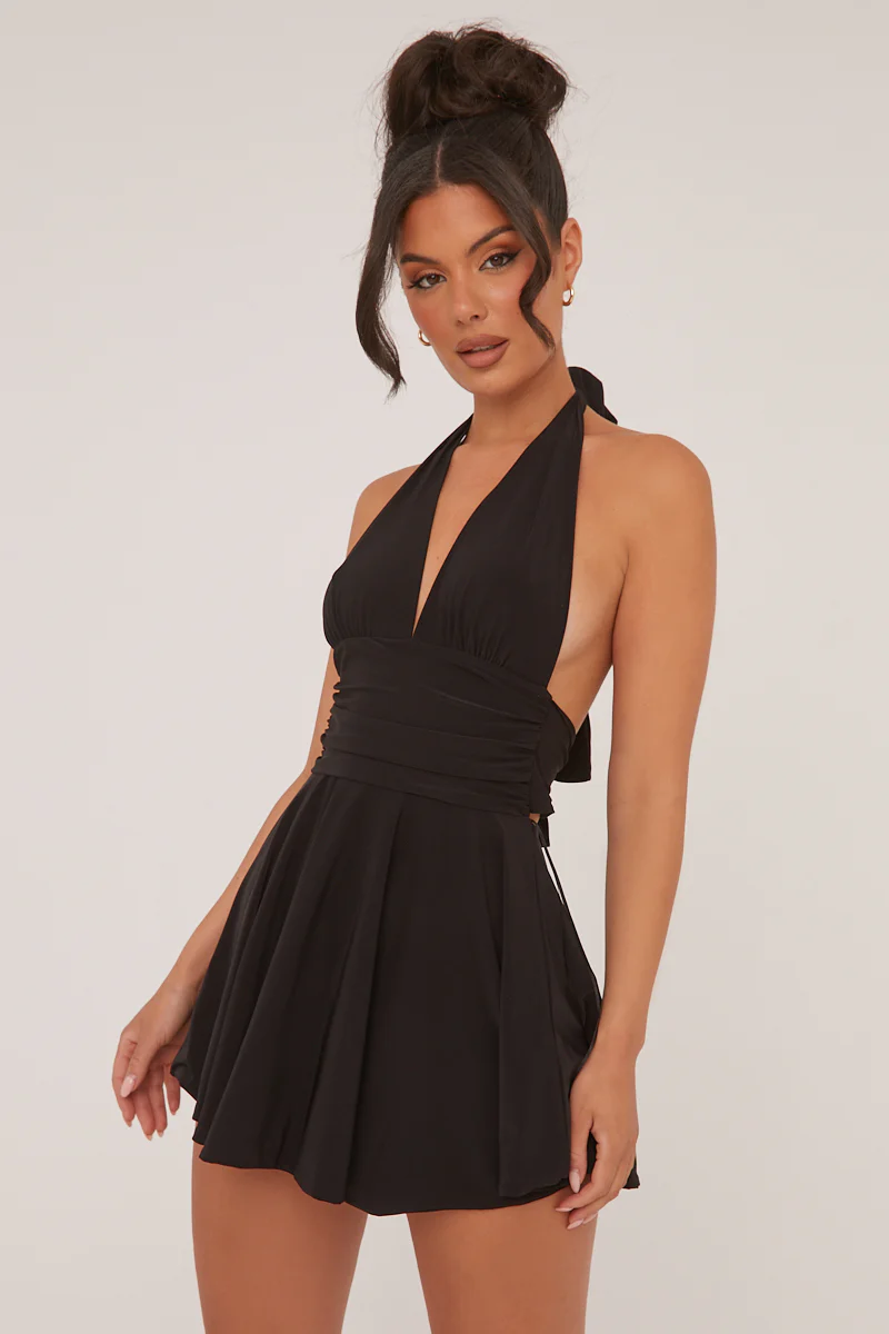 Black Halter Plunge Neck Mini Dress - Pippa - Image 7