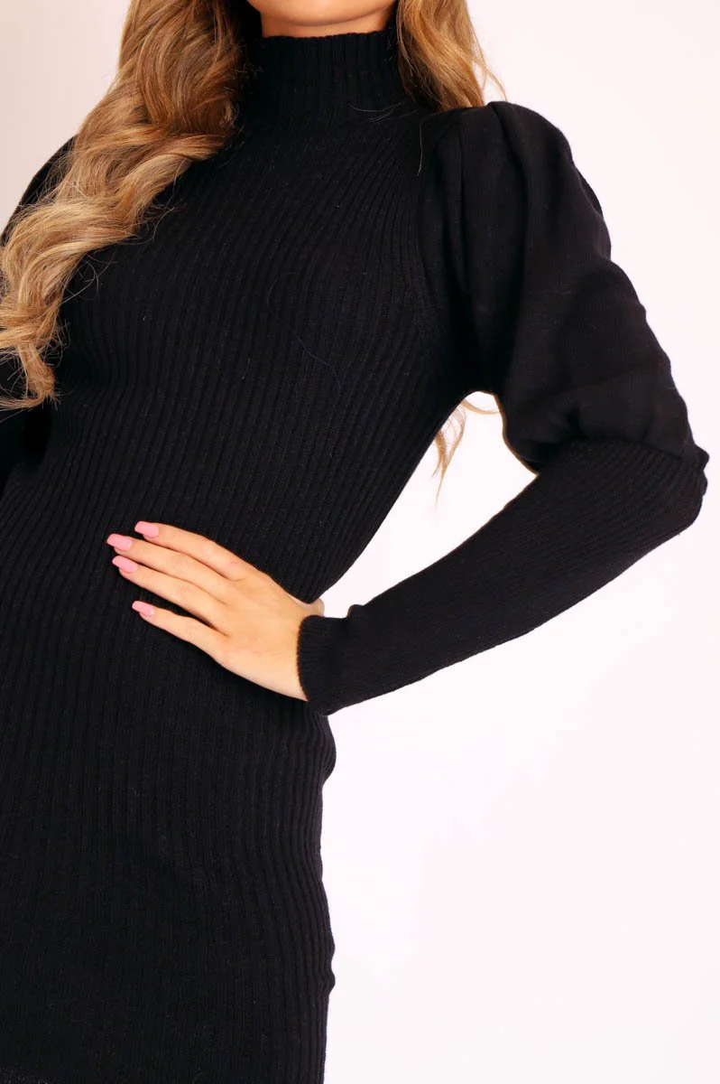 Black High Neck Balloon Sleeve Bodycon Jumper Dress - Ginna - Image 3