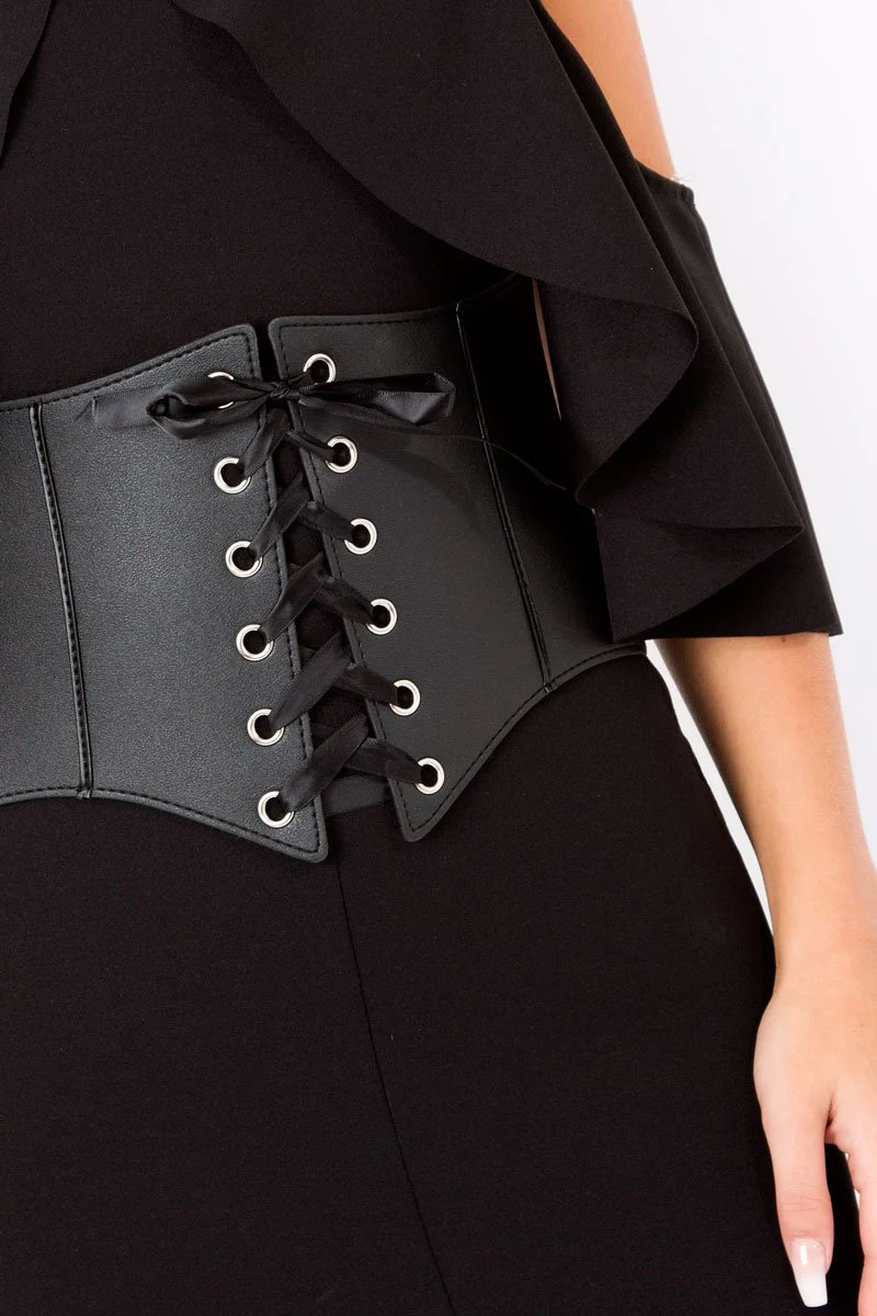 Black Lace Up Corset Belt Dress - Shlya - Image 4