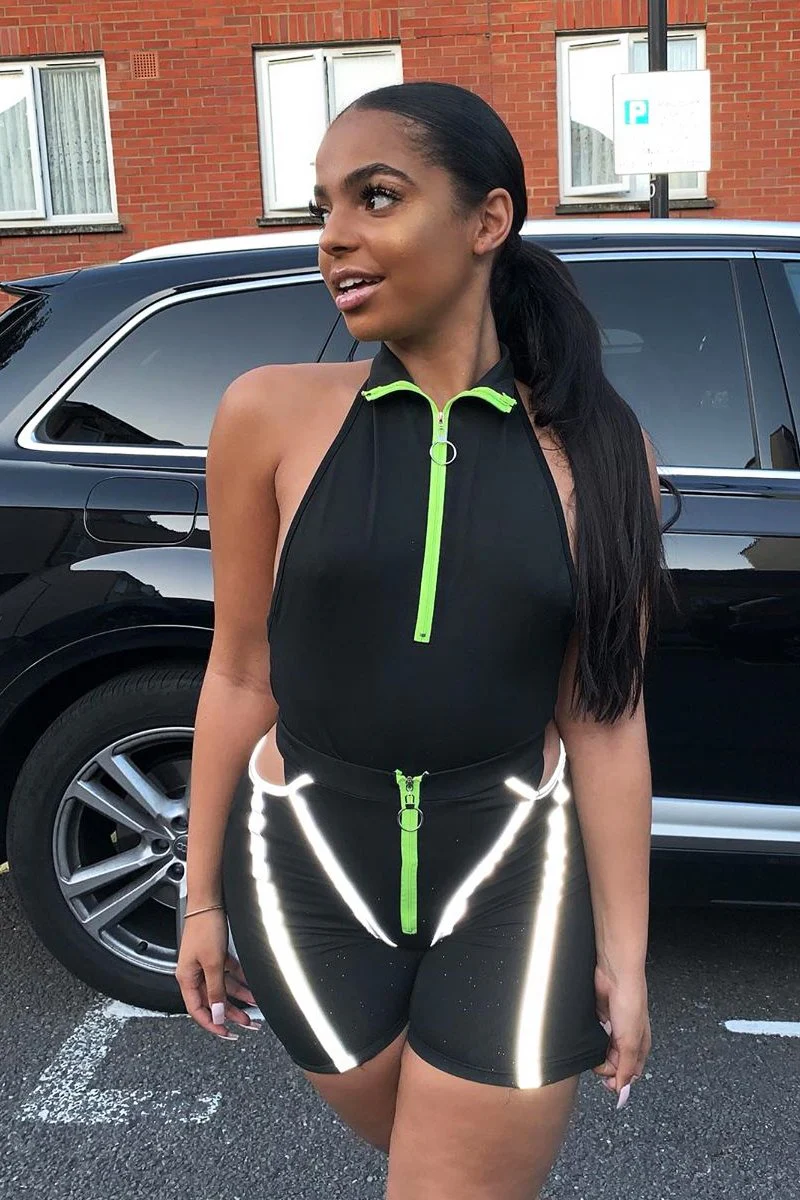 Black Lime Ring Zip Cycling Short Bodysuit Co-ord - Issi - Image 8