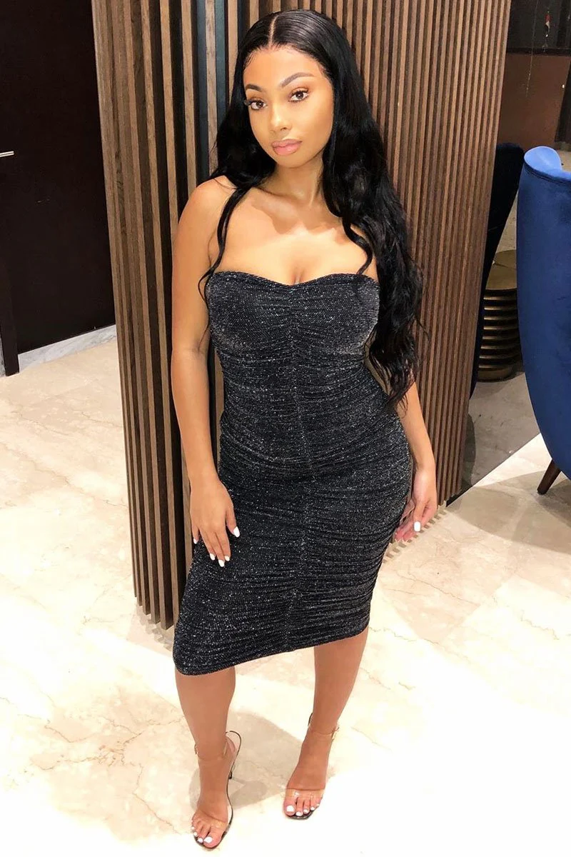 Black Lurex Glitter Extreme Ruched Slinky Midi Bodycon Dress - Kaja - Image 9