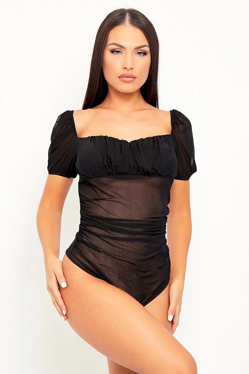 Black Mesh Cap Sleeve Bodysuit - Aadvi - Image 4