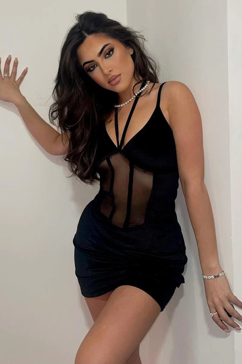 Black Mesh Detail Corset Velvet Mini Dress - Asha - Image 12