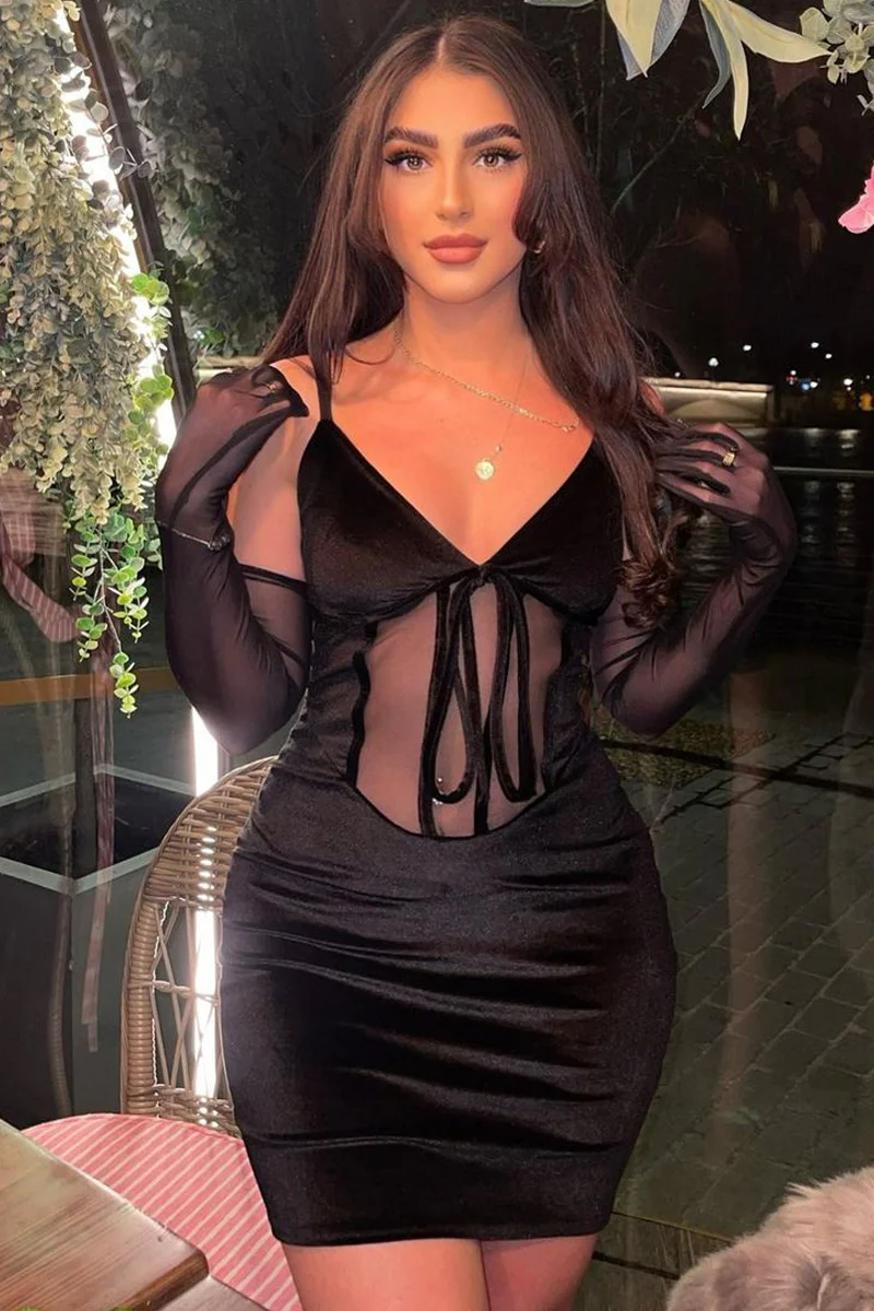 Black Mesh Detail Corset Velvet Mini Dress - Asha - Image 13