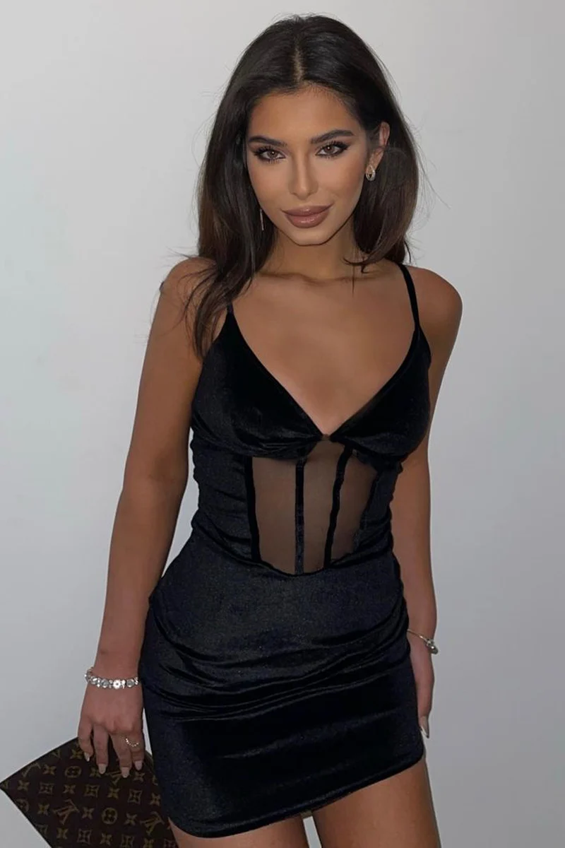 Black Mesh Detail Corset Velvet Mini Dress - Asha - Image 8