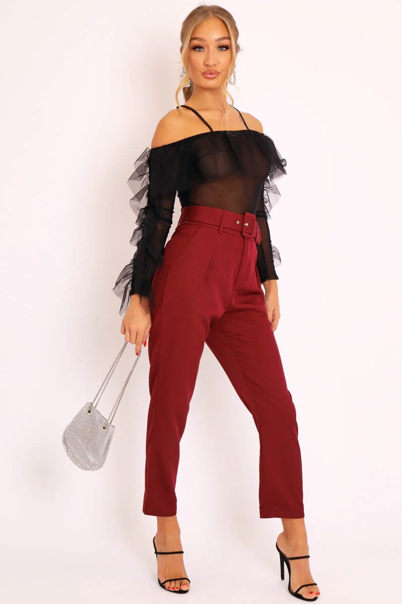 Black Mesh Ruffle Sleeve Bardot Crop Top - Amber - Image 3