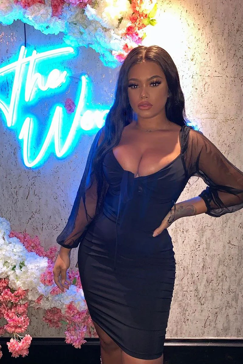 Black Mesh Sleeves Tie Detail Cut Out Front Bodycon Dress - Graclynn - Image 6