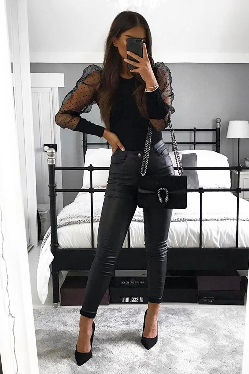 Black Organza Swiss Dot Sleeve Ribbed Bodysuit - Tamie - Image 6