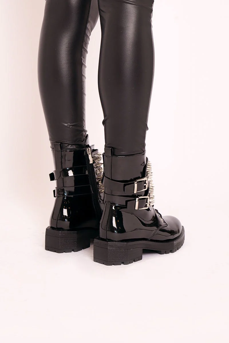 Black Patent Spike and Stud Military Boots - Evalina - Image 4