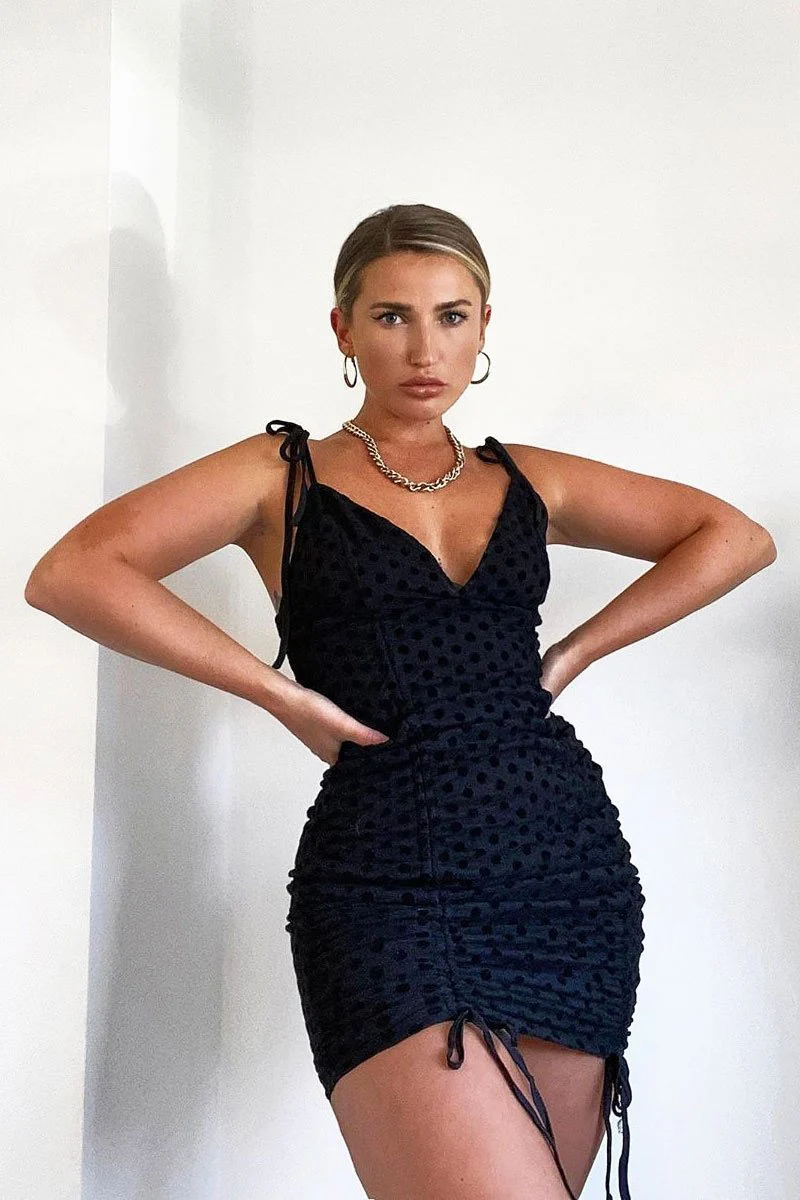 Black Polka Ruched Tie Bodycon Dress - Breta - Image 6