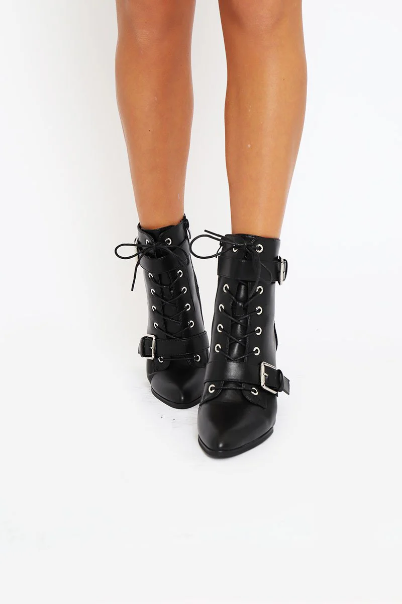 Black PU Buckle Pointed Boots - Canyon - Image 4