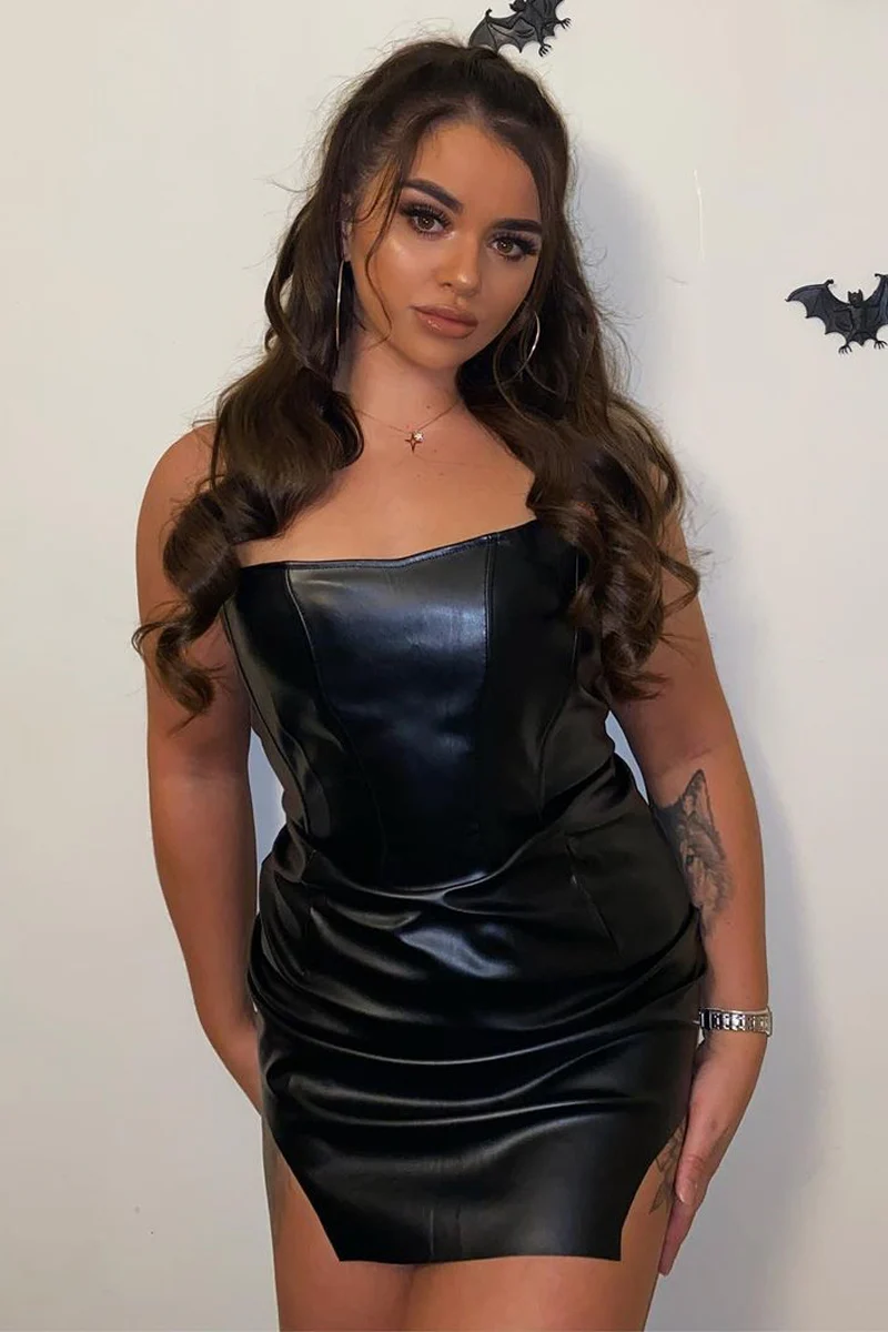 Black PU Leather Corset Cut Out Hem Mini Dress - Sava - Image 9