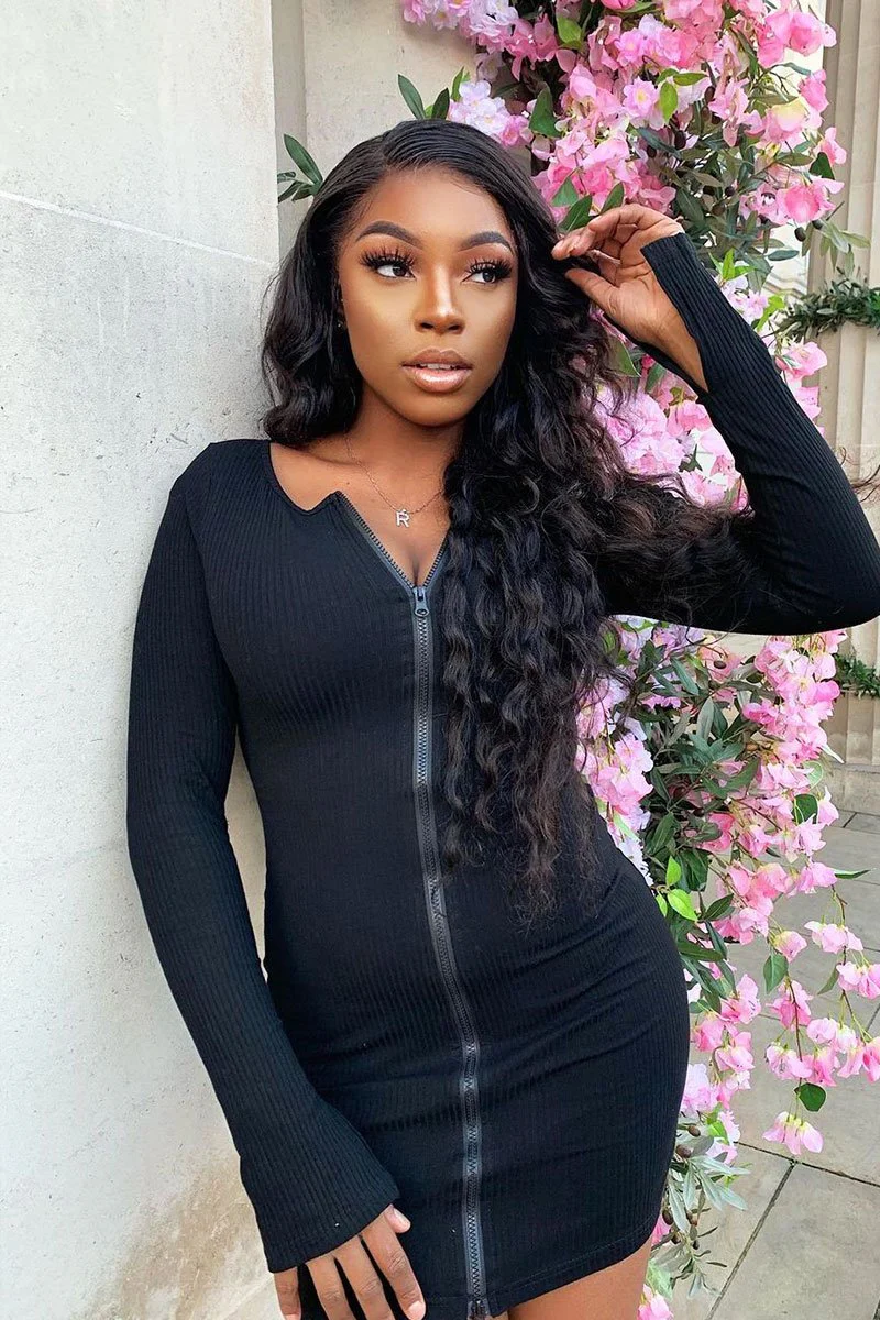 Black Ribbed Double Zip Bodycon Mini Dress - Bellani - Image 9