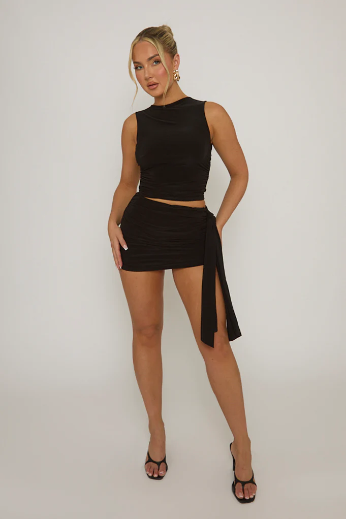 Black Ruched Sleeveless Cropped Top & Mini Skirt Co-ord Set - Hallie - Image 3