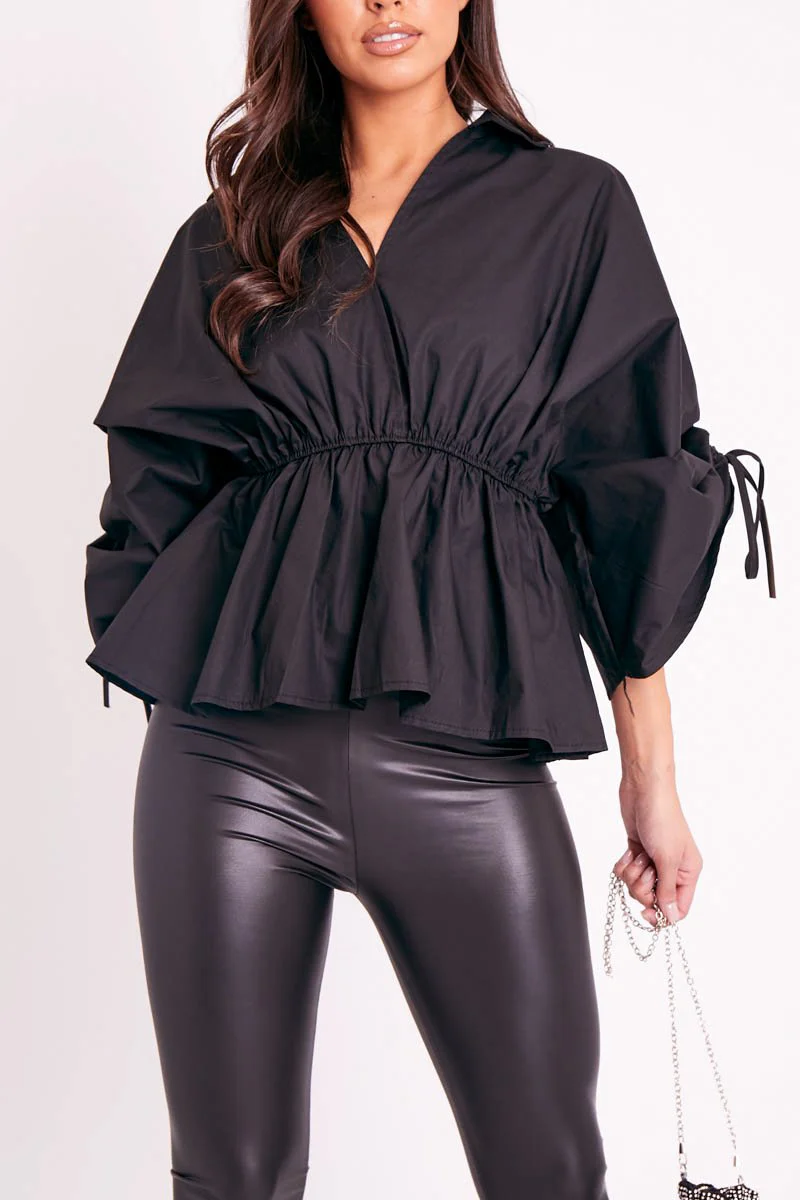 Black Ruched Waist Plunge Neckline Kimono Sleeve Shirt - Eilene - Image 3