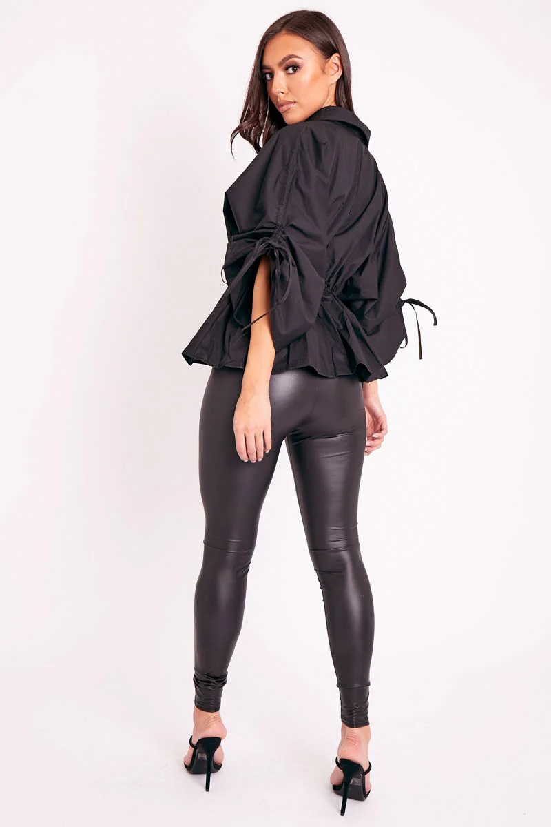 Black Ruched Waist Plunge Neckline Kimono Sleeve Shirt - Eilene - Image 4