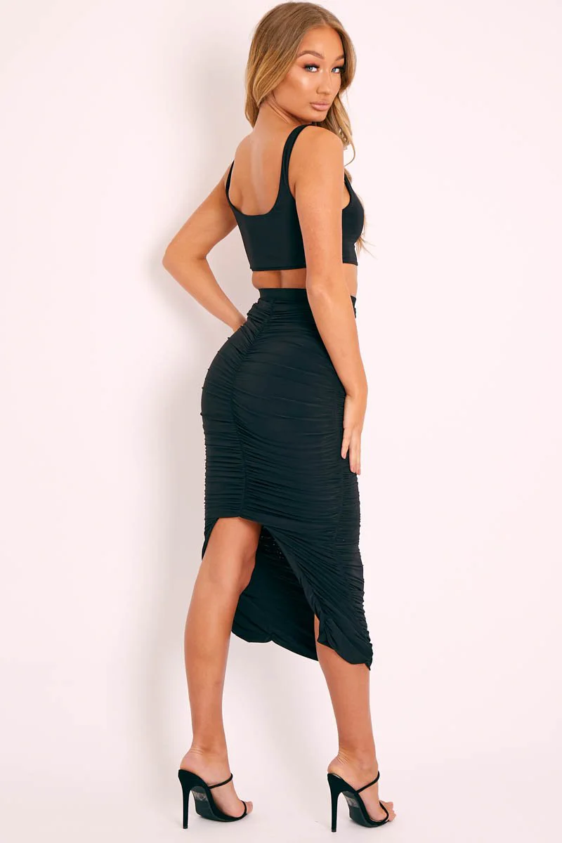 Black Slinky Bralet and Ruched Midi Skirt Co-ord - Valentia - Image 5