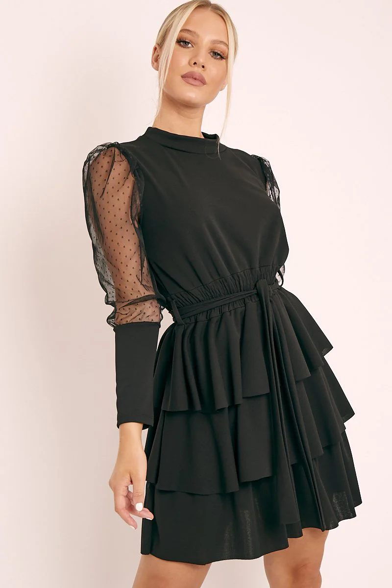 Black Tiered Skirt Belted Dress - Cassia - Image 3