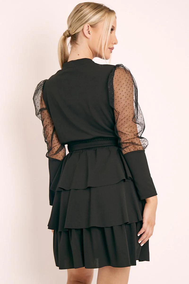 Black Tiered Skirt Belted Dress - Cassia - Image 4