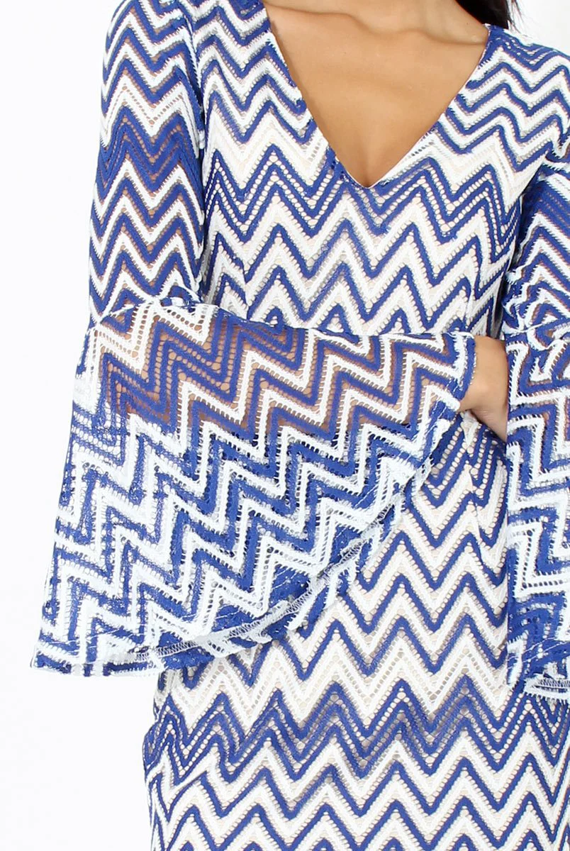 Blue & White Crochet Flare Sleeve Dress - Kady - Image 4