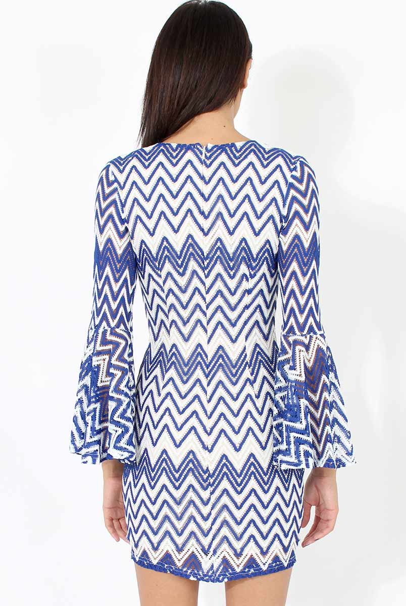 Blue & White Crochet Flare Sleeve Dress - Kady - Image 5