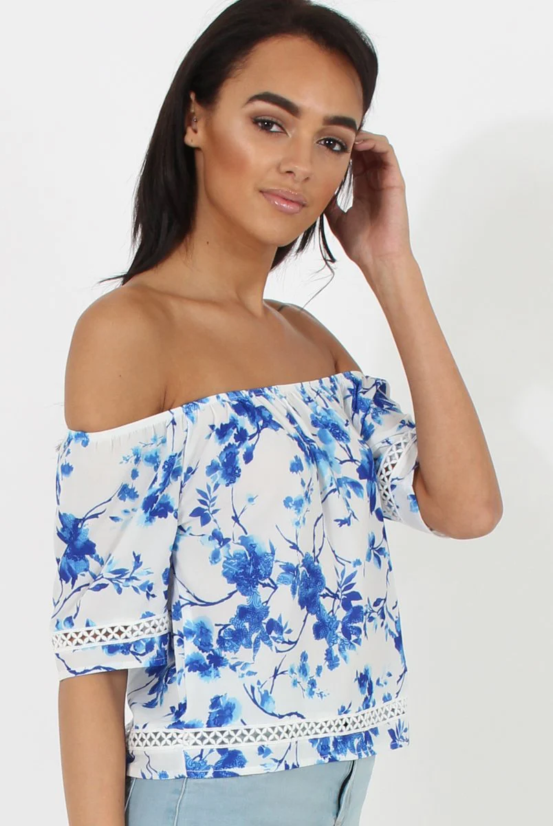 Blue & White Floral Print Bardot Top - Kelly - Image 3