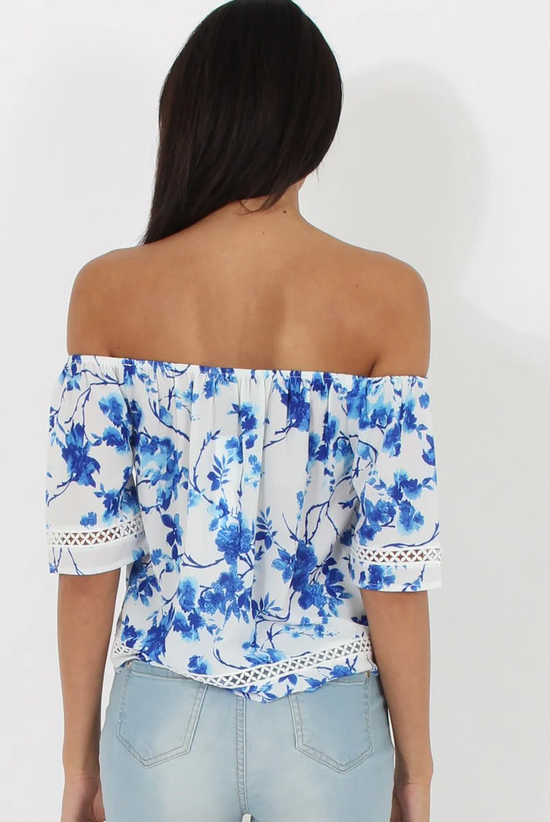 Blue & White Floral Print Bardot Top - Kelly - Image 5