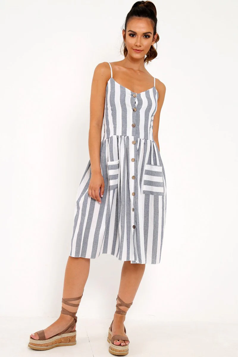 Blue And White Stripe Button Up Dress - Lilyanne - Image 3