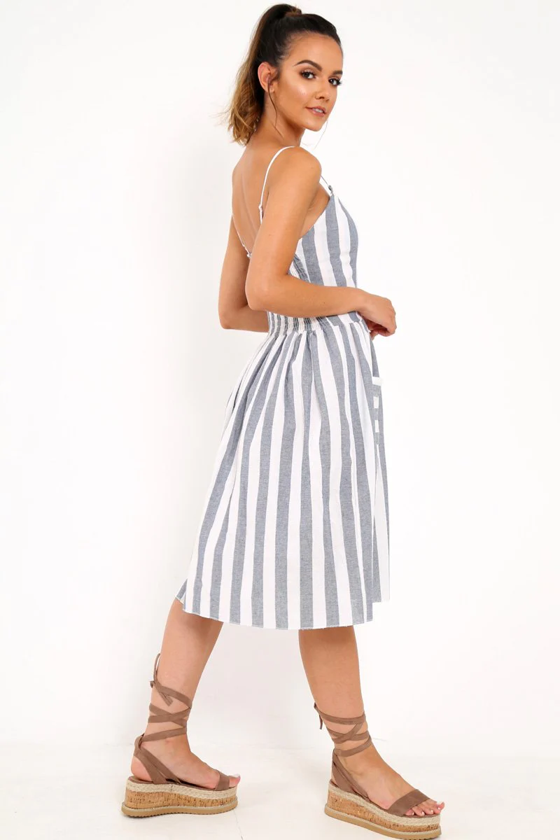 Blue And White Stripe Button Up Dress - Lilyanne - Image 4
