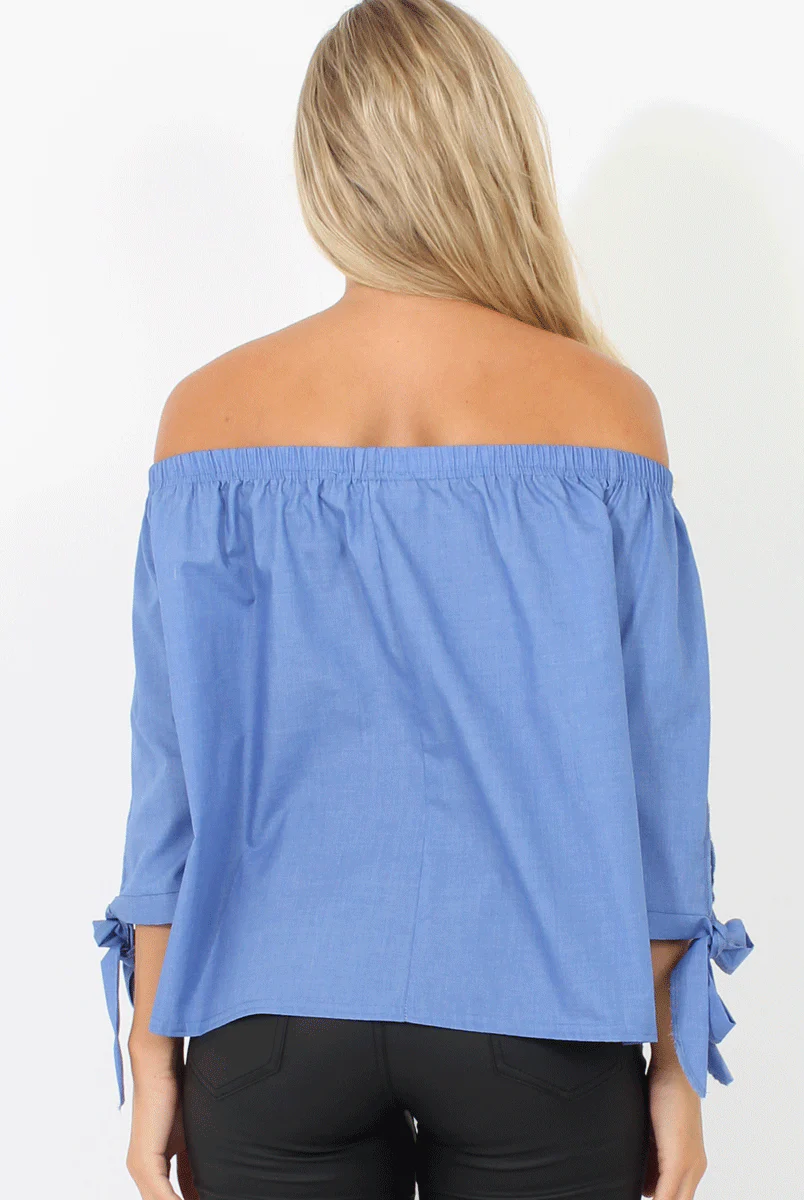 Blue Bardot Tie Cuff Top - Macy - Image 5