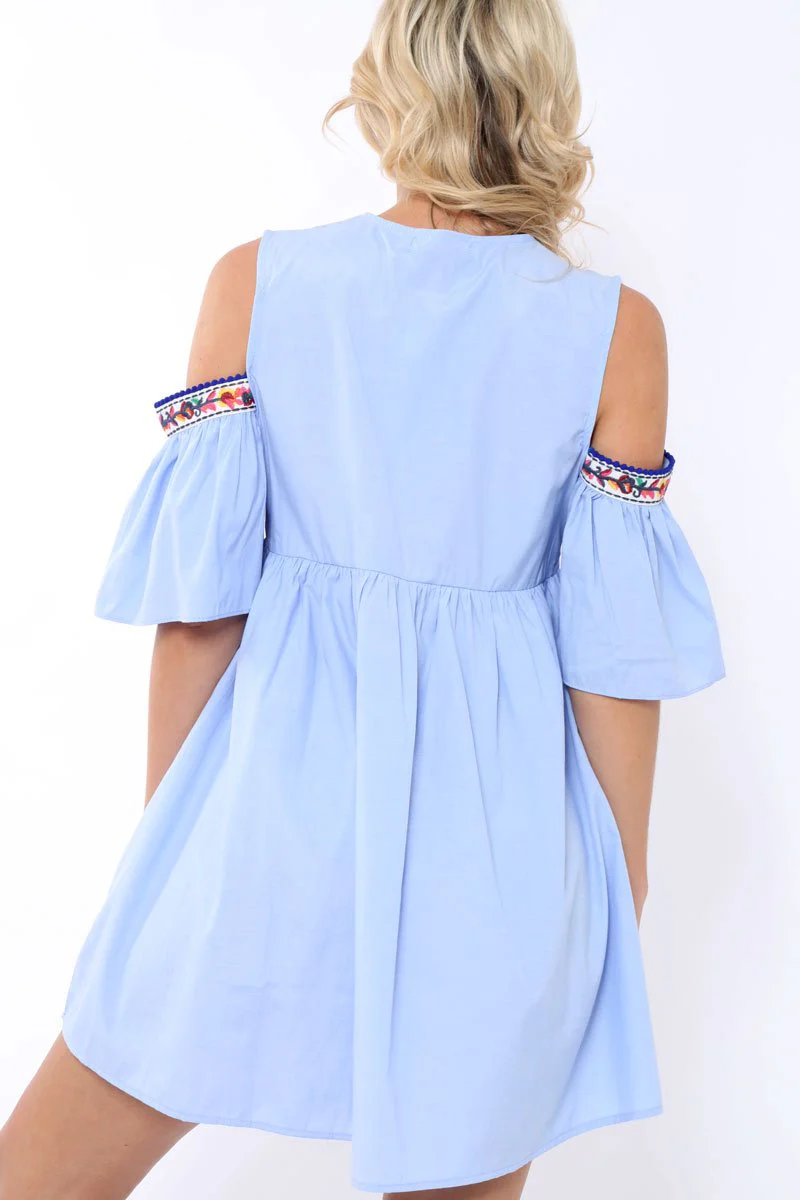 Blue Cold Shoulder Shift Dress with Aztec Embroidery - Elodie - Image 3