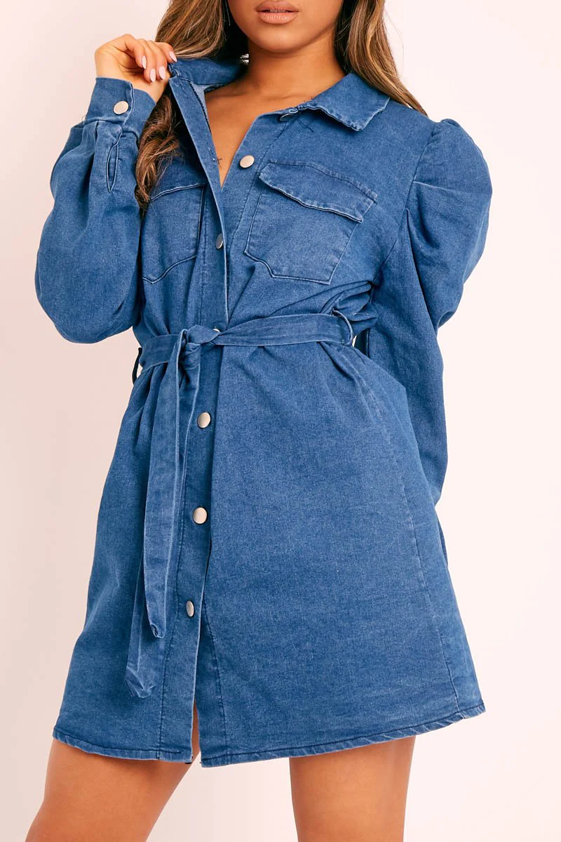 Blue Denim Puff Sleeve Belted Shirt Dress - Feyza - Image 3
