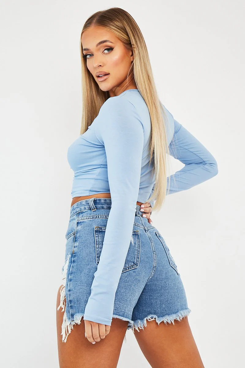 Blue Ruched Centre Front Fastening Crop Top - Cambrea - Image 5