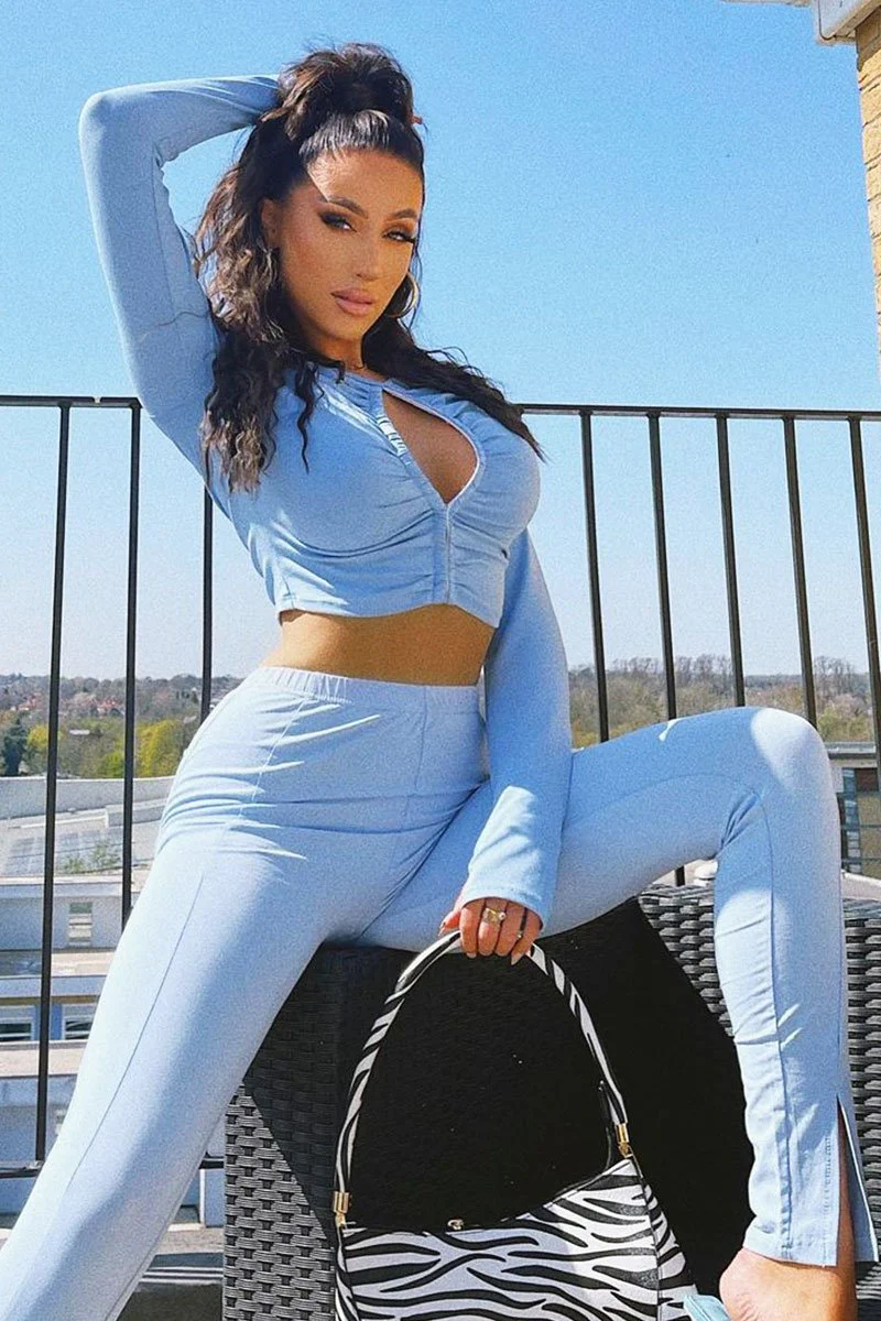 Blue Ruched Centre Front Fastening Crop Top - Cambrea - Image 7