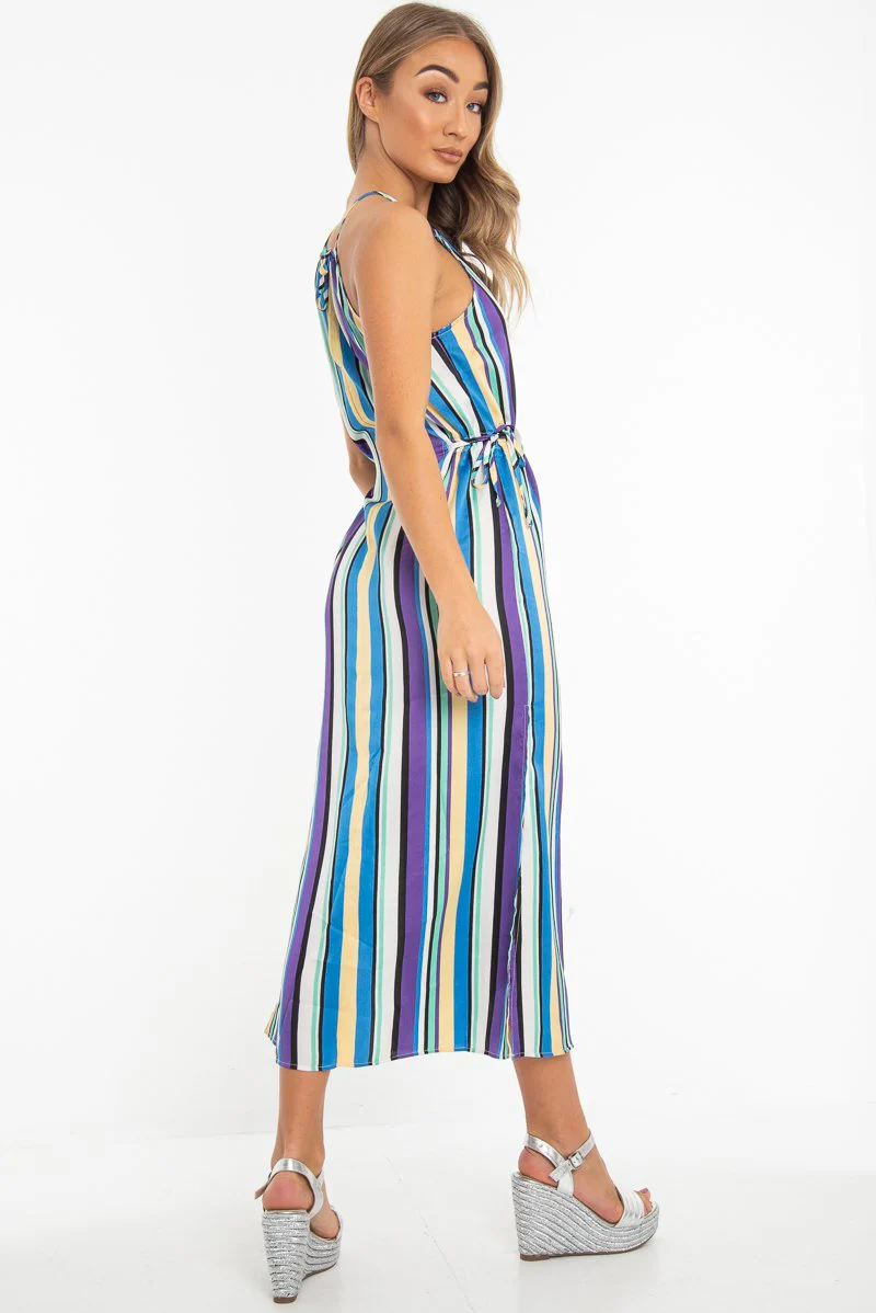 Blue Stripe Halterneck Drawstring Waist Maxi Dress - Melanie - Image 3