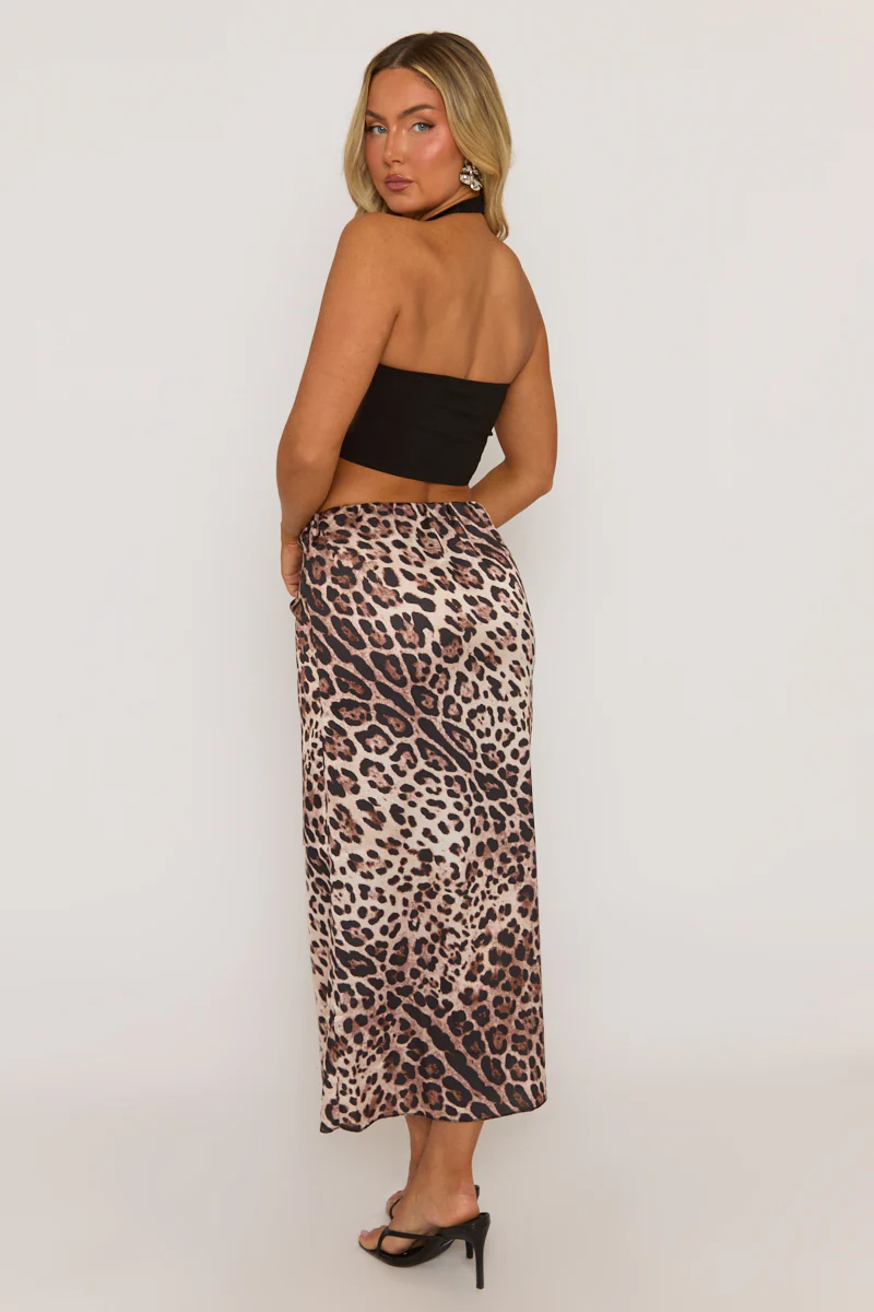 Brown Leopard Print Satin Maxi Skirt - Bonie - Image 3