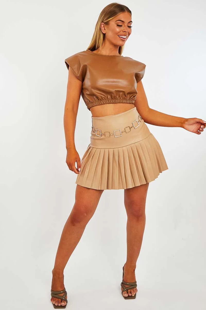 Camel Cropped Faux Leather Shoulder Pad Top - Kirrah - Image 3