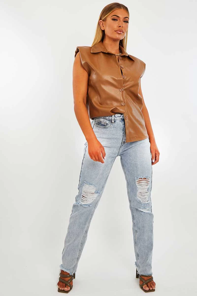 Camel Faux Leather Shoulder Pad Shirt - Eila - Image 3