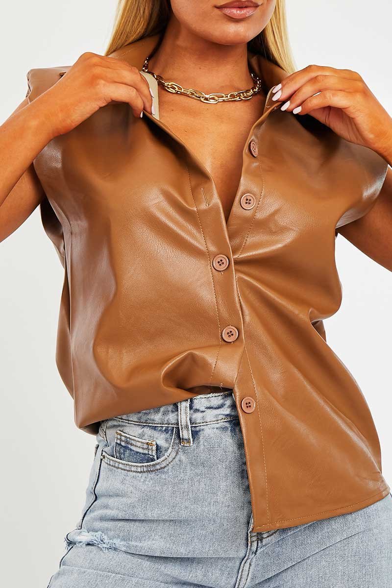 Camel Faux Leather Shoulder Pad Shirt - Eila - Image 4