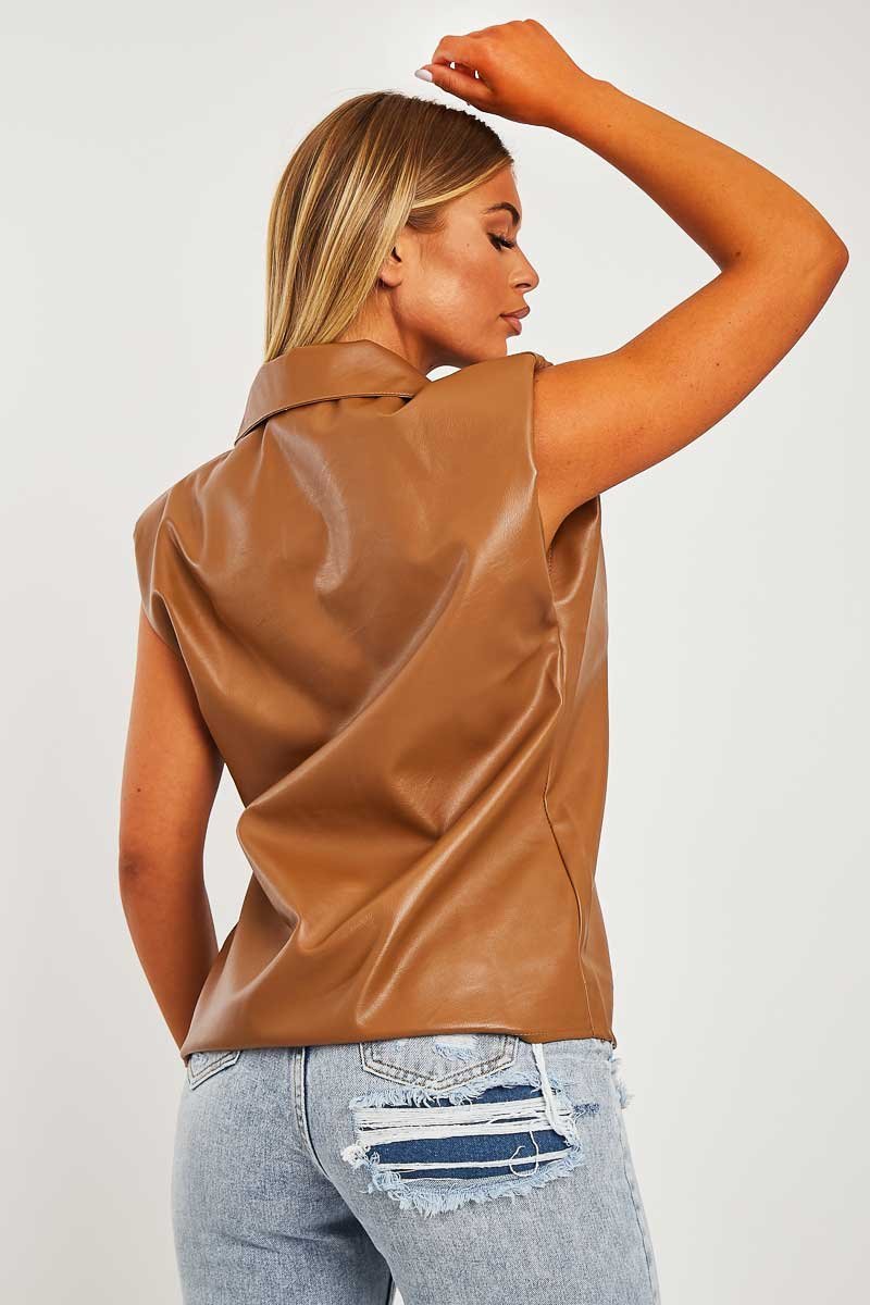 Camel Faux Leather Shoulder Pad Shirt - Eila - Image 5